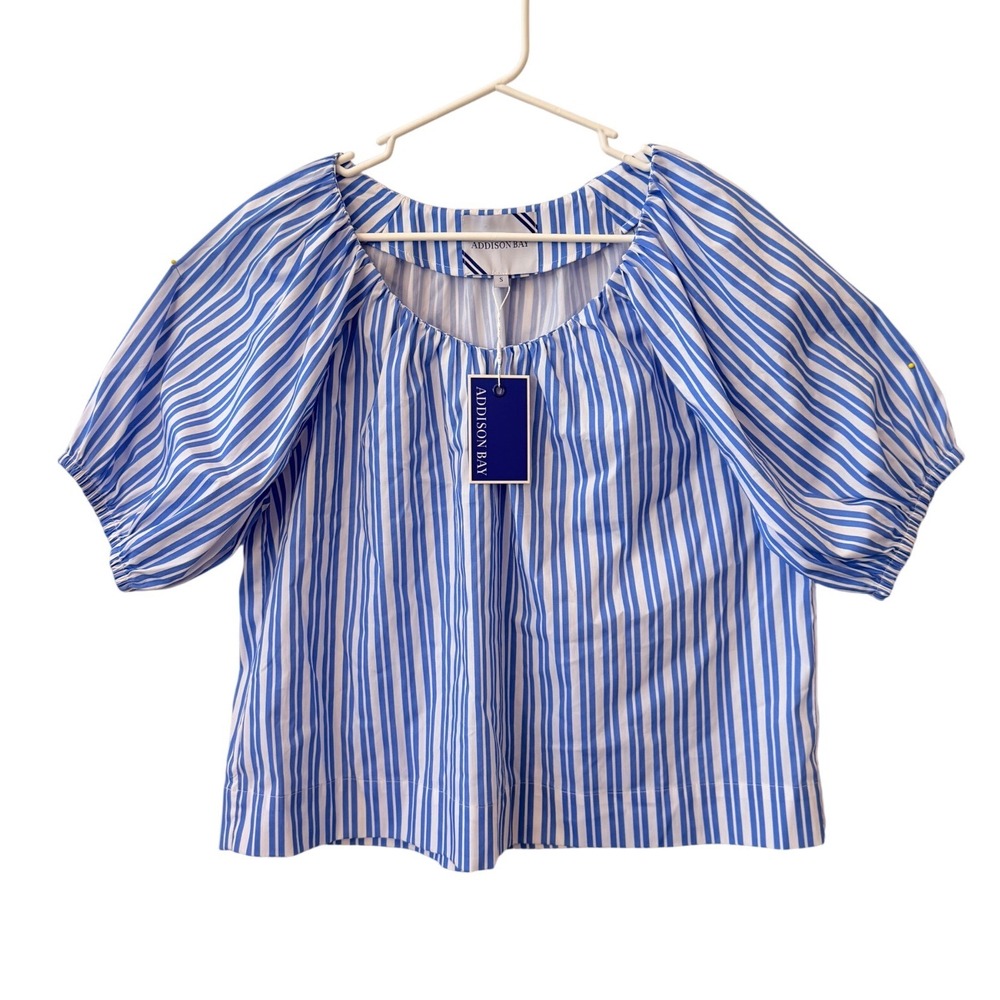 New! $128 ADDISON BAY Blue Puff Sleeve Stripe Preppy Coastal Oversized Top SMALL